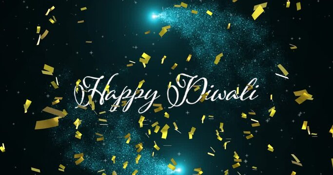 Animation of gold confetti falling over happy divali text and shooting stars on black background