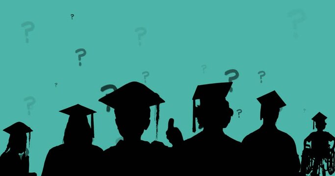 Animation of question marks over silhouettes of students in graduation caps on blue background