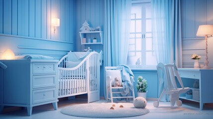 Fototapeta na wymiar Blue led lighting shabby chic nursery interior design Image