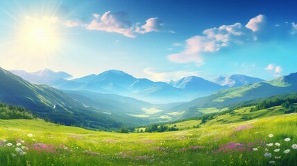 Blue sky grass flowers mountain landscape wallpaper