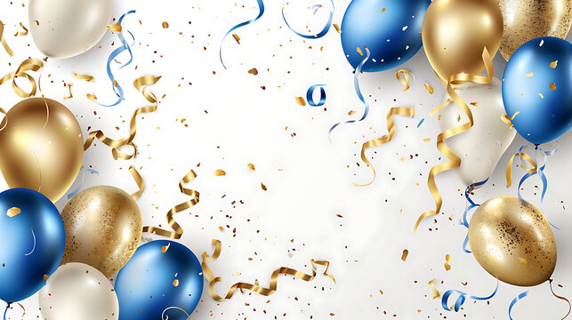 Holiday background with golden and blue metallic balloons, confetti and ribbons. Festive card for birthday party, anniversary, new year, christmas or other events