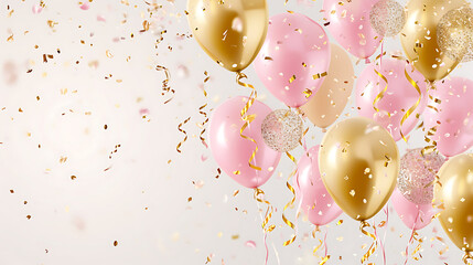 Holiday background with golden and pink metallic balloons, confetti and ribbons. Festive card for birthday party, anniversary, new year, Christmas or other events