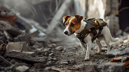 Trained canine diligently on a search mission amidst the devastation