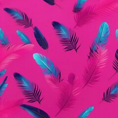 blue neon feathers on bright pink background