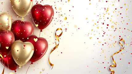 Holiday background with golden and red metallic balloons, confetti and ribbons. Festive card for birthday party, anniversary, new year, Christmas or other events