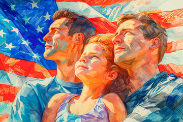 Two Fathers And One Daughter In Front Of The American Flag, Family Of Three Paople, Not Traditional Family, Fathers Day Concept