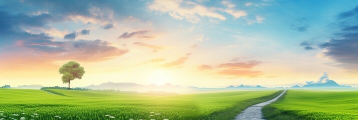 a path through a green field towards sunset