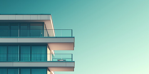 Uma fotografia destacando as linhas limpas e o design funcional de um edifício inspirado na Bauhaus, enfatizando a integração de arte, artesanato e tecnologia.