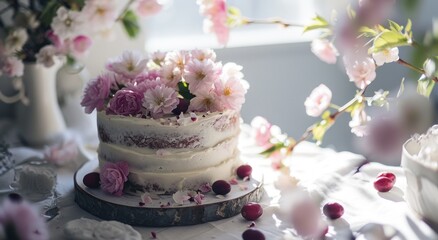Obraz na płótnie Canvas a birthday cake with flowers on a table