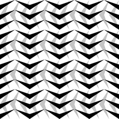 Repeated black and grey geometrical figures on white background. Seamless surface pattern design with polygons. Grid motif. Quadrangular blocks wallpaper. Digital paper for page fills, web designing.