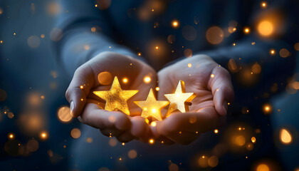 Businessman holding five glowing golden stars for excellent evaluation survey after client use product and service from customer satisfaction concept - obrazy, fototapety, plakaty