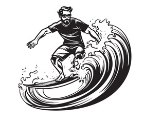 Surfer in sunglasses sport logo sketch hand drawn in graphics Vector illustration