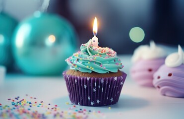 a cupcake with a birthday candle and other toys