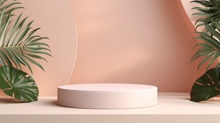 luxury minimal block, circle, cylinder podium leaves in pastel natural background. concept scene stage showcase, product, perfume, promotion sale, summer, presentation, cosmetic. Generative Ai