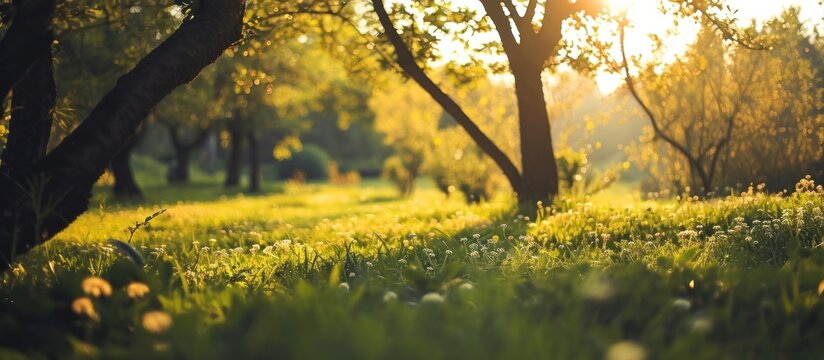 a green field with trees and flowers, blurred footage