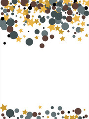 Gold, blue, brown, black confetti with circles and stars. Cosmic shine. Christmas abstract pattern. Beautiful illustration for postcard, banner, web. Background for the image. Vector illustration