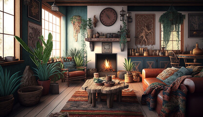 Fototapeta na wymiar Bohemian decor living room interior design