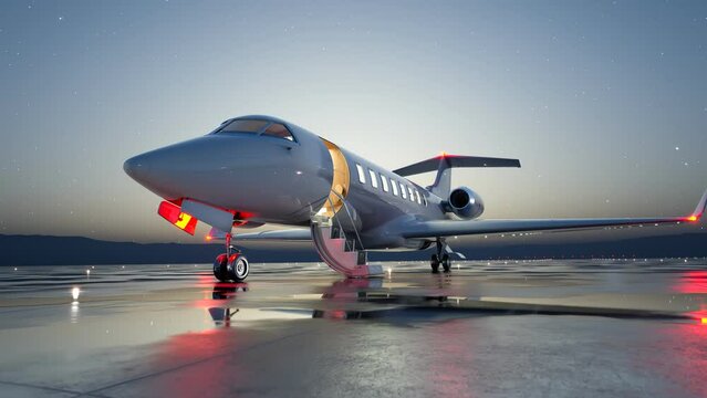Private Jet on Reflective Tarmac at Dusk