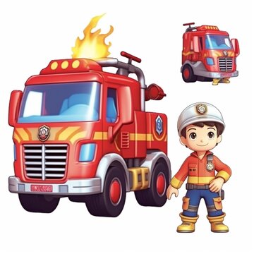 Cartoon fire truck with fire fighter man white background
