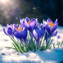 Spring crocus in the snow,  blue .Crocus Flowers Grow In Melt Snow