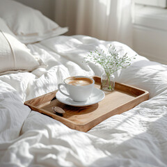 Serenity in Simplicity: Minimalistic Tray in Bed with Flowers and Tea - A Tranquil Scene of Elegance and Relaxation - Generative AI
