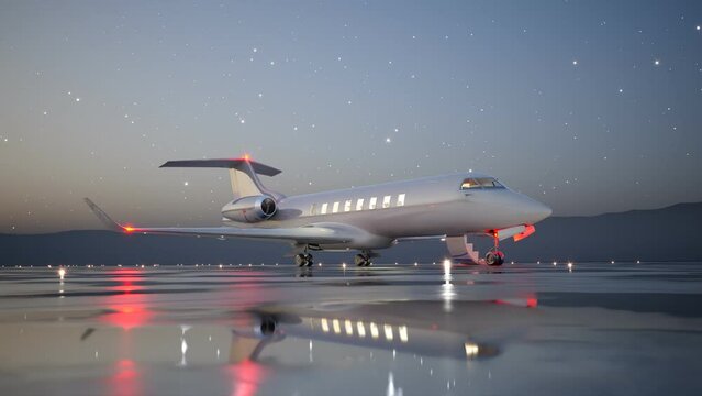 Private Jet on Reflective airport Tarmac at Twilight