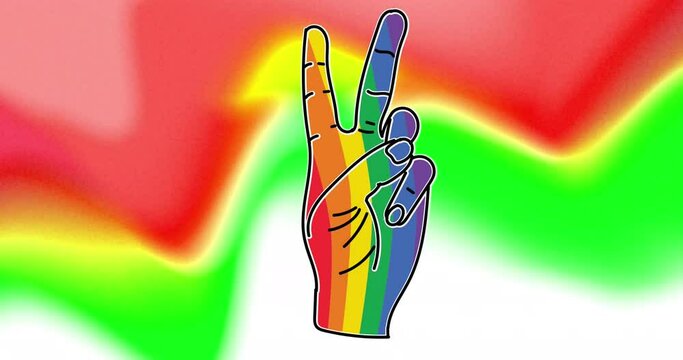 Animation of rainbow hand making peace sign over red, green and white background