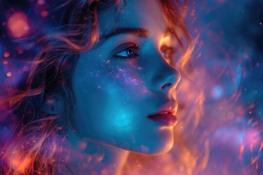 beautiful fantasy abstract portrait of a beautiful woman double exposure with a colorful digital paint splash or space nebula