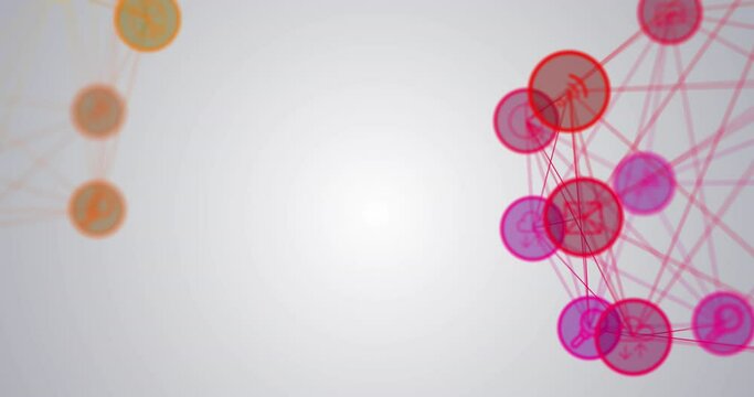 Animation of pink and yellow networks of media icons floating on white background