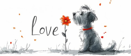 Hand drawn illustration of a cute dog with a flower and the inscription love - obrazy, fototapety, plakaty