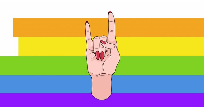 Animation of caucasian hand with red nails making rock horns sign over rainbow stripe background