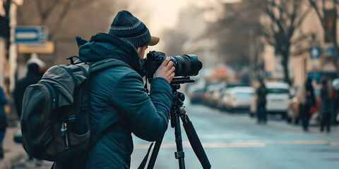 Um fotógrafo capturando a essência de uma cidade movimentada, com equipamentos e lentes de câmera dispostos para fácil acesso em um ambiente urbano - obrazy, fototapety, plakaty