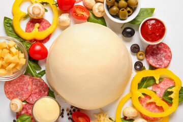 Raw dough and ingredients for preparing pizza on white background