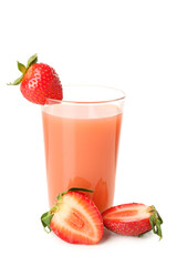 Glass with tasty strawberry smoothie on white background