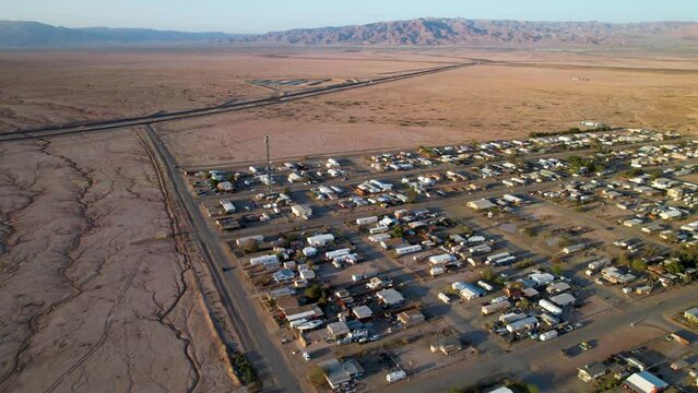 Aerial View of the Ghost Town of Bombay Beach, California on the Salton Sea. Landmarks of California, United States. Drone 4K footage