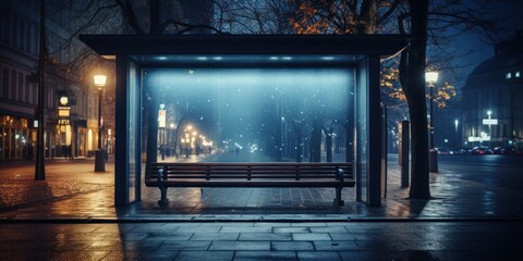 Bench on Side of Night Street Illuminated by Streetlights Generative AI
