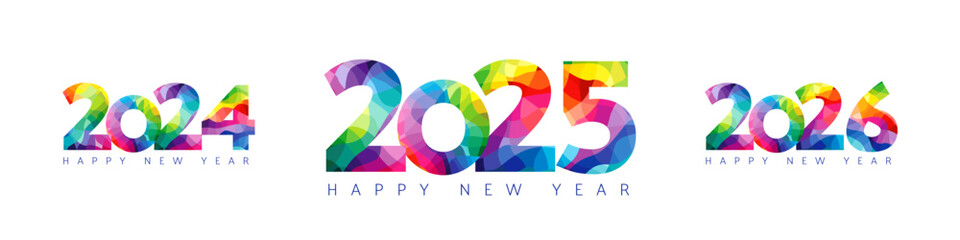 Colored facet set 2024, 2025, 2026 logo. Happy New Year 20 24, 25, 26 numbers, calendar template. Vector typography symbol icons