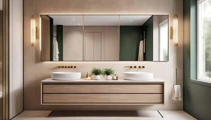 3d modern contemporary chic beige bathroom with two rectangle brass mirrors and a green cabin