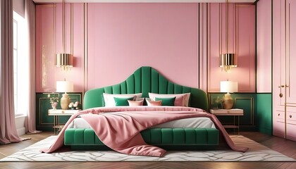 Bedroom interior. Art deco style. Design with green pink and gold color. 3d rendering.