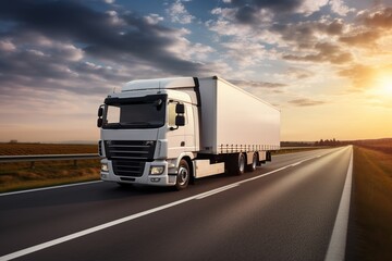 Semi truck with trailer on the road and sunset sky