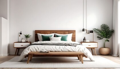 Home interior background, cozy white bedroom with bright furniture natural wooden tables, modern style, 3d render