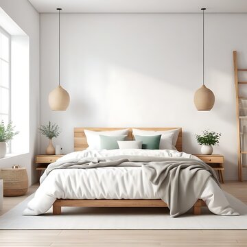 Home interior background, cozy white bedroom with bright furniture natural wooden tables, modern style, 3d render