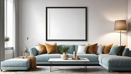 Mock up poster frame in modern interior background, living room, Contemporary style, 3D render, 3D illustration