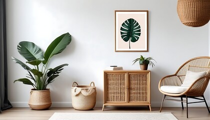Stylish interior design of living room with wooden retro commode, chair, tropical plant in rattan pot, basket and elegant personal accessories. Mock up poster frame on the wall. Template. Home decor. - obrazy, fototapety, plakaty