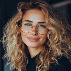Obraz premium Radiant Elegance: Portrait of a Blonde Woman with Cascading Curls and a Captivating Smile - A Stunning Glimpse of Graceful Beauty and Model-like Charisma - Generative AI