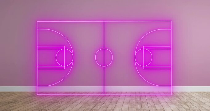 Animation of neon basketball court over beige background