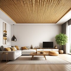 Stylish living room interior with design furniture, elegant accessories and bamboo ceiling, 3d render