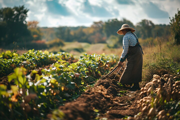 Woman working on potatoe field, woman on field, working at a farm, harvesting potato
