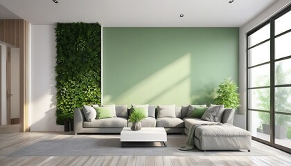 Vertical Green Wall in modern living room interior, 3d render.