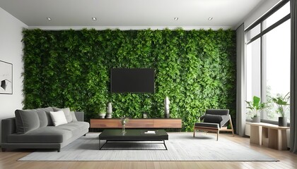 Vertical Green Wall in modern living room interior, 3d render.